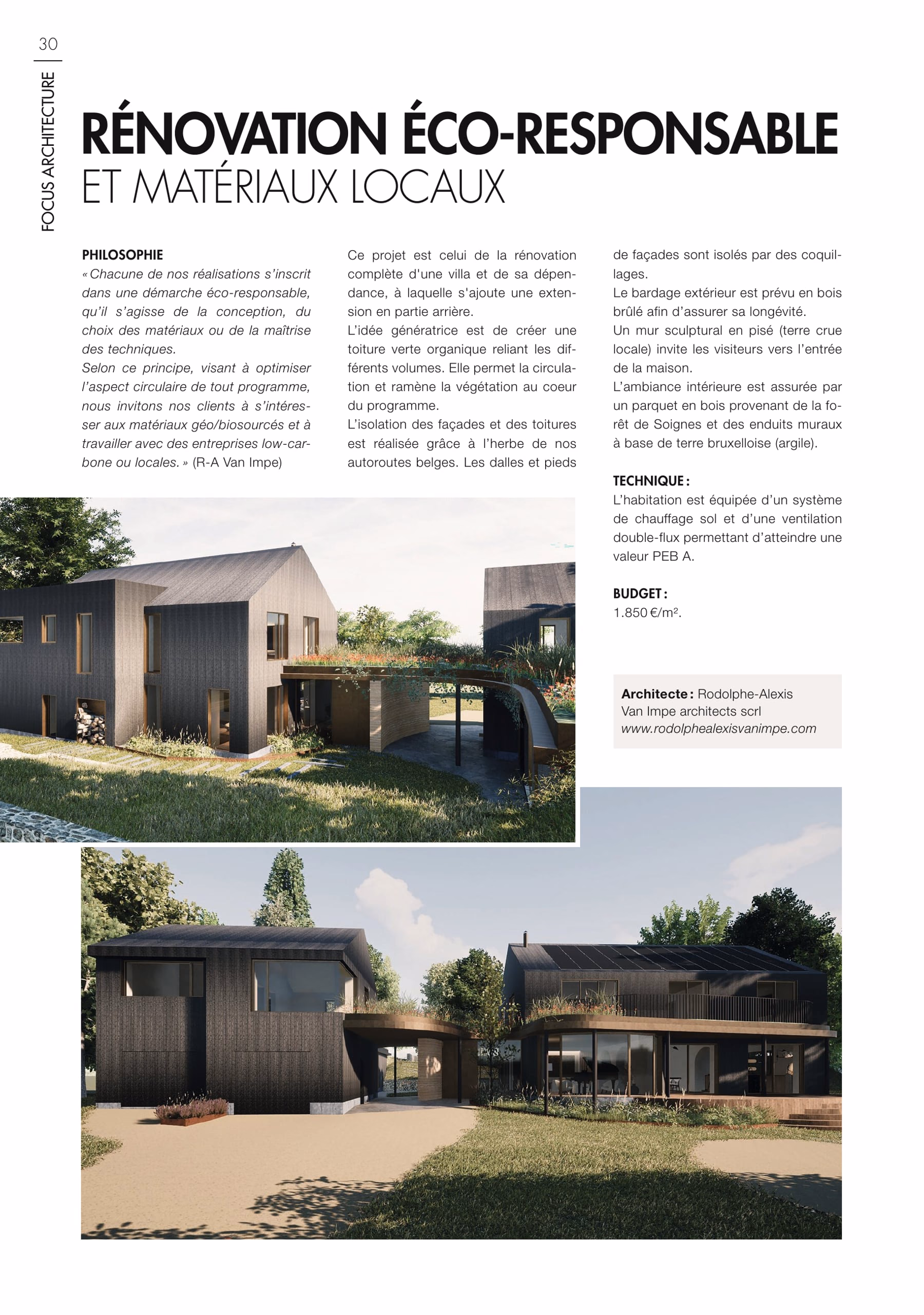 Pagina 30 uit Essentielle Immo, “Rénovation éco-responsable et matériaux locaux”, met twee beelden van een villa in verbrand hout verbonden door een groendak