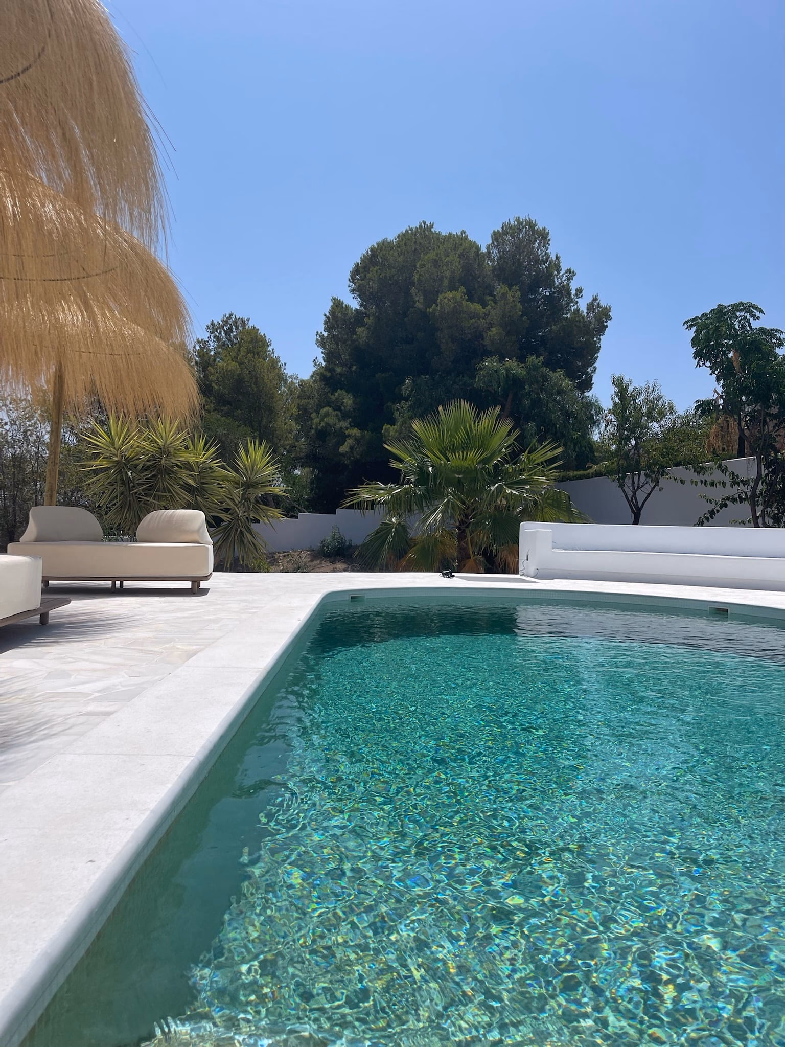 Longue piscine aux bords blancs, des pins au-delà