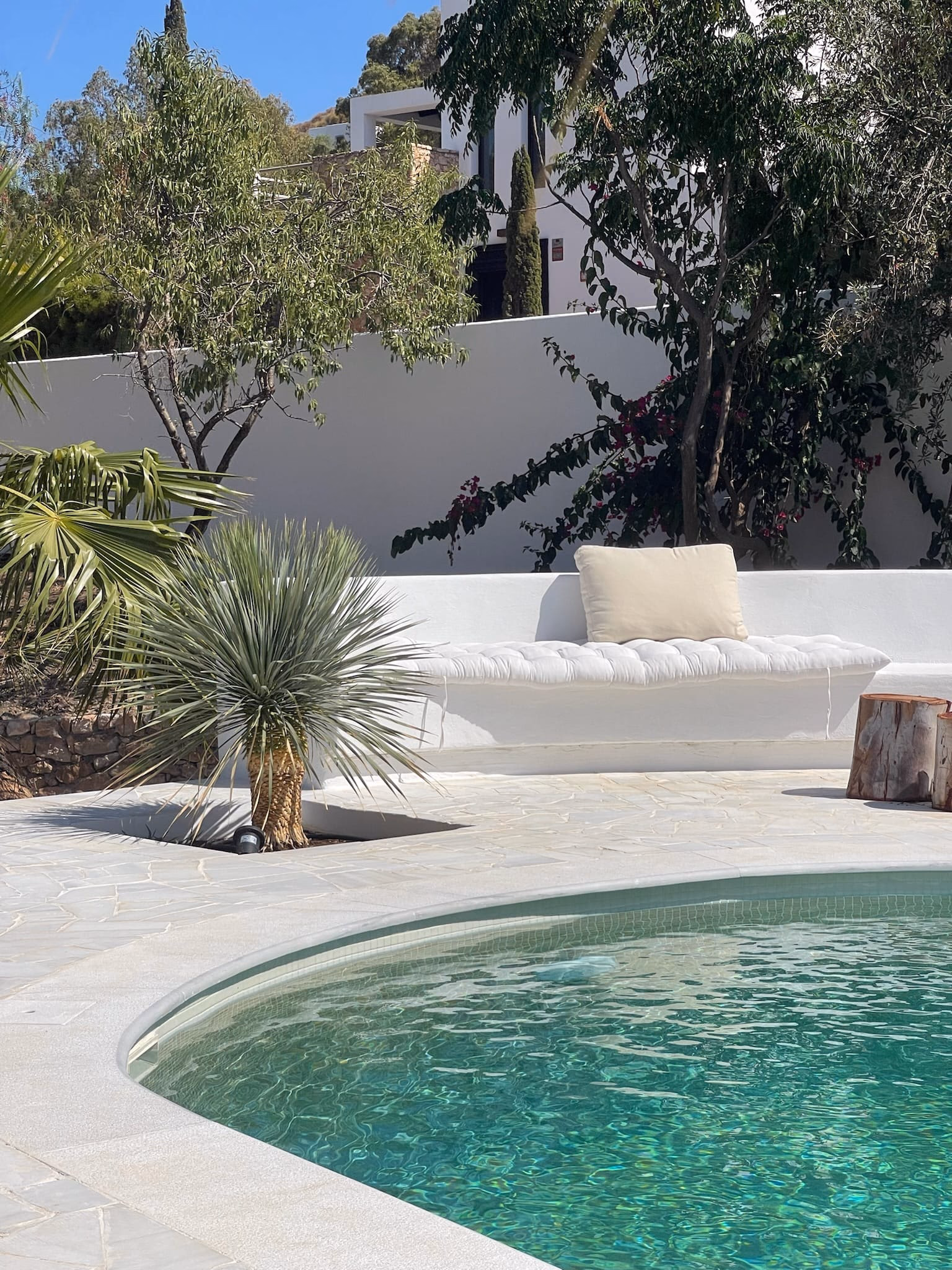 La courbe de la piscine à côté d’une banquette blanche avec coussins et de massifs plantés