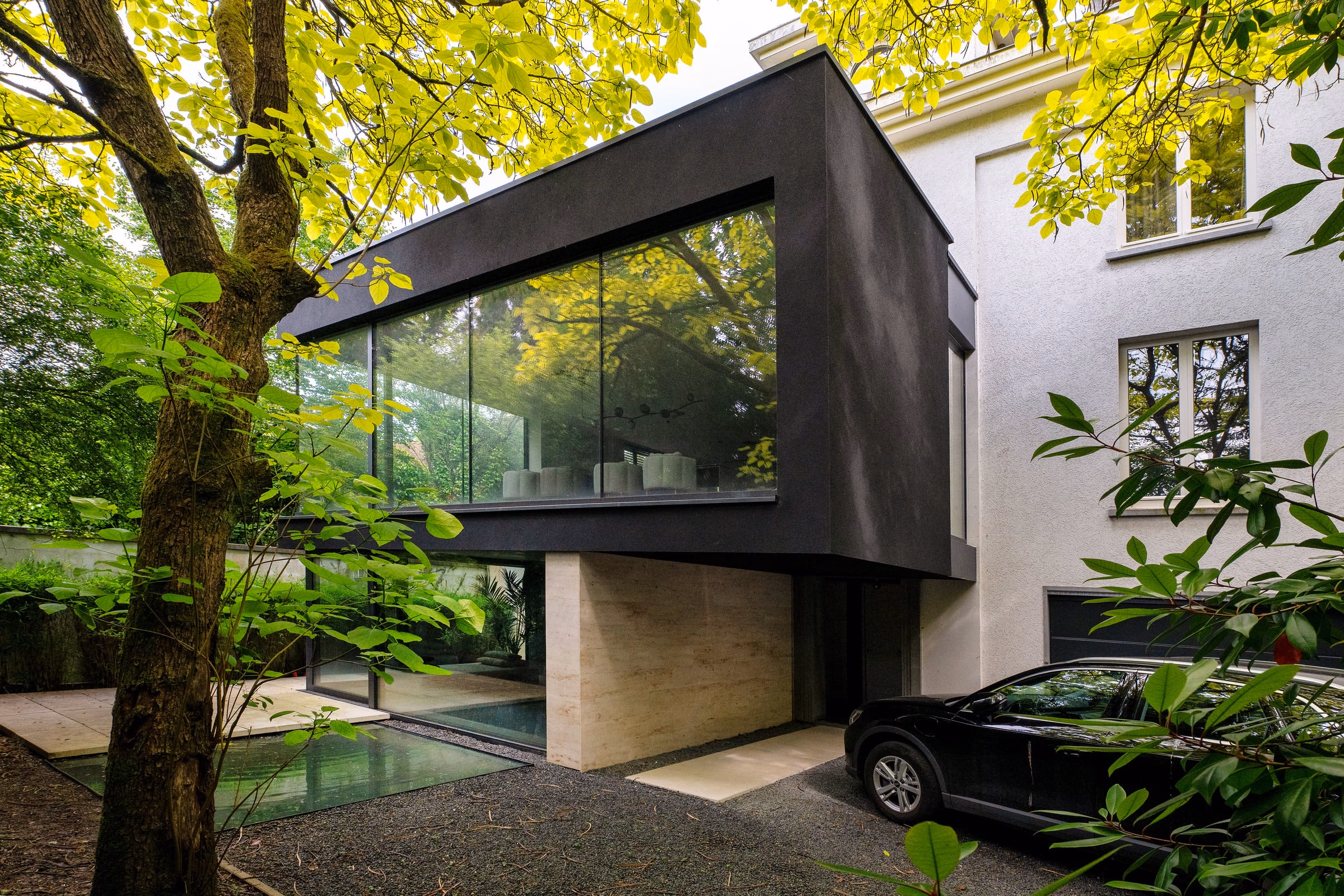 A black cantilevered glass extension beneath old trees