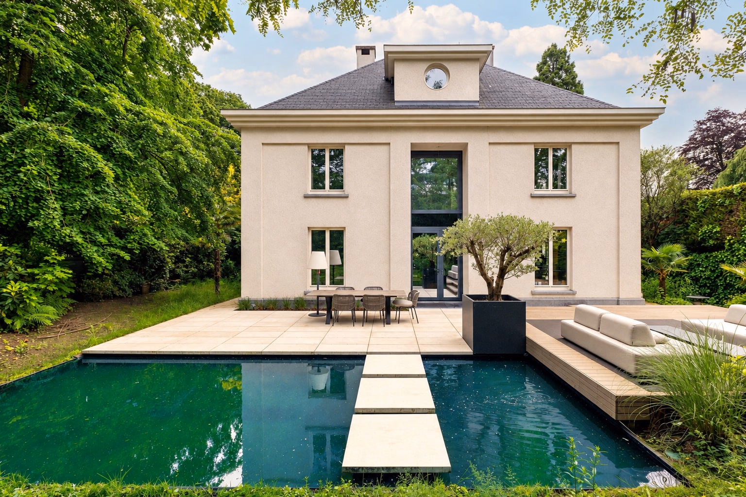 A white house reflected in a dark mirror pool, stepping stones crossing the water